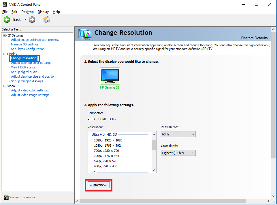 change resolution in Windows settings